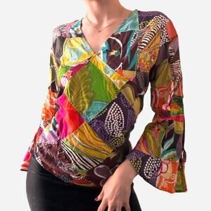 Vintage patchwork bell sleeve blouse funky boho - fits like a small